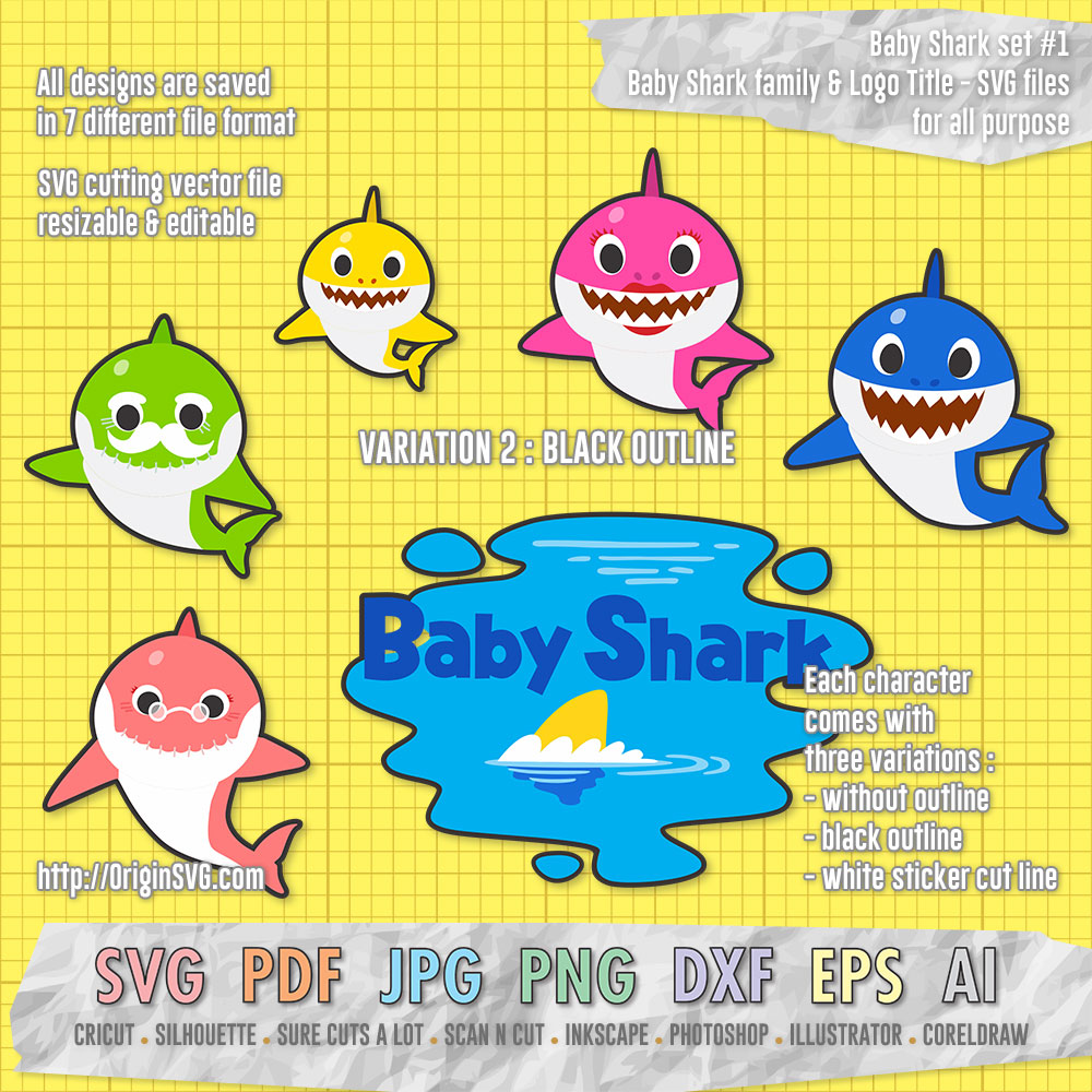 Outline Baby Shark Family Svg