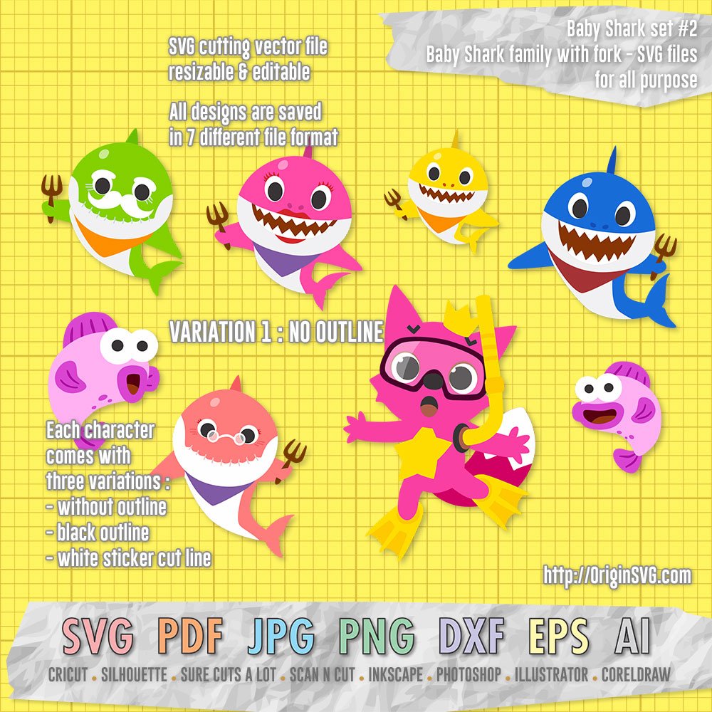 Baby Shark Set 2 - Pinkfong Baby Shark Family With Fork - Origin SVG Art