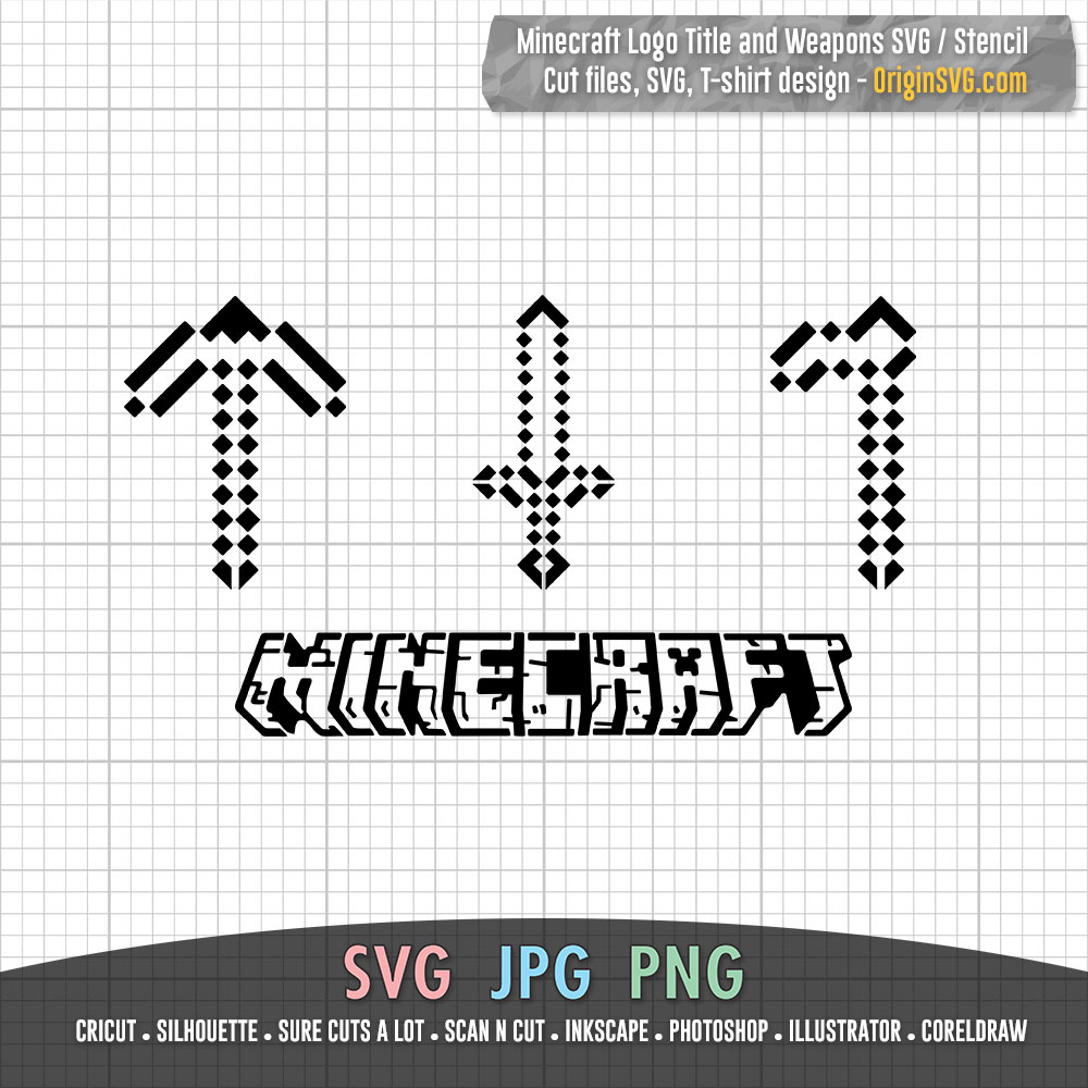 Minecraft Logo Title Stencil and Minecraft Weapons Design SVG - Origin