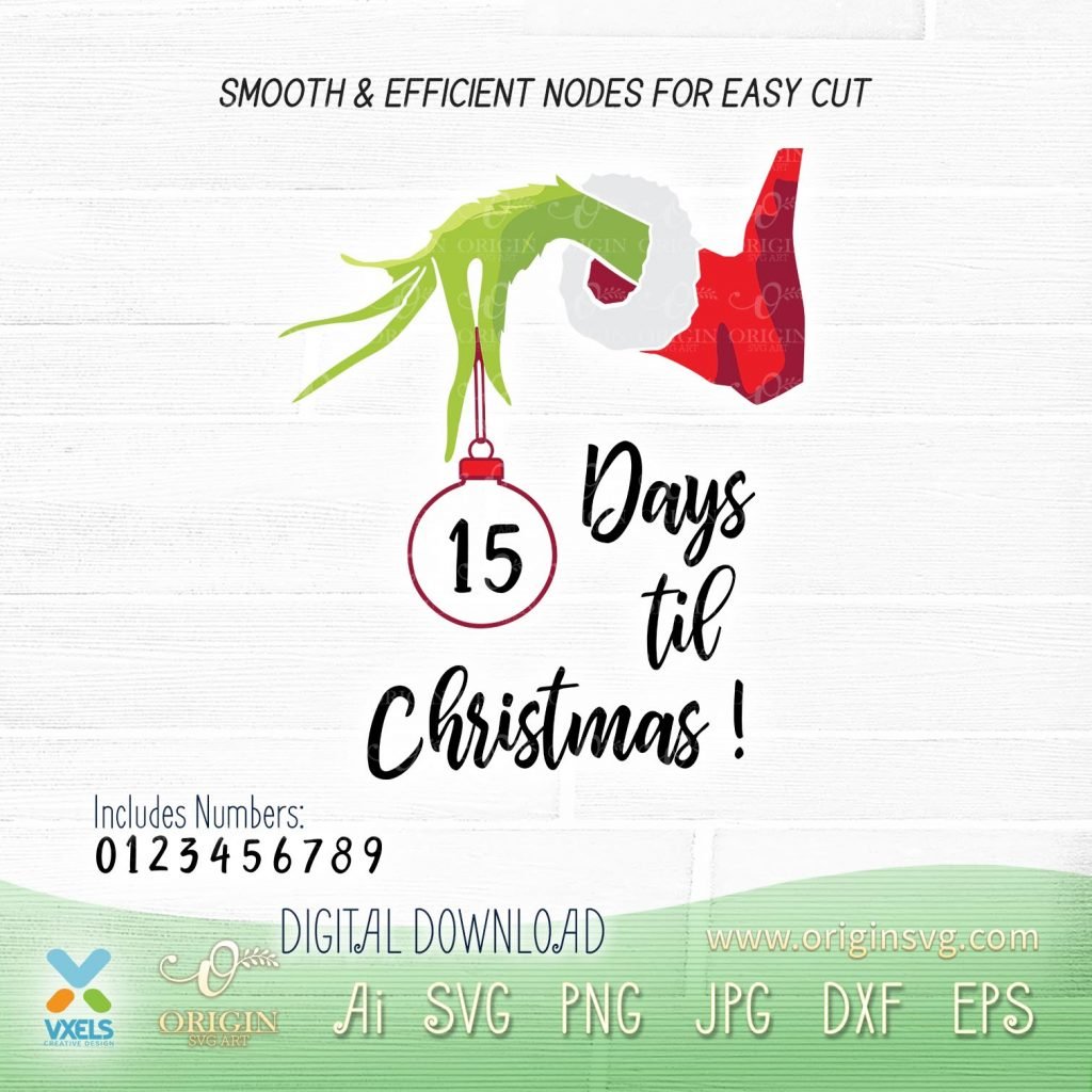 Download Days Til Christmas Countdown Grinch Hand holding ornament SVG