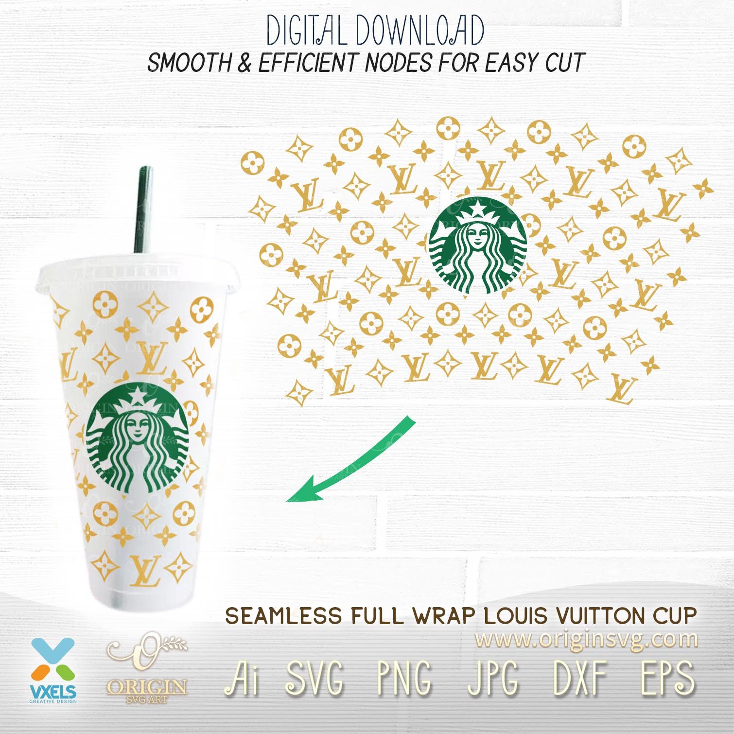 Louis Vuitton Starbucks Tumbler Full Wrap Lv Pattern Cup Svg For Reusable Venti Cold Cups Pre Sized 24 Oz Starbucks Origin Svg Art