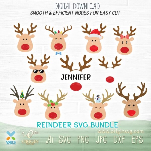 Reindeer SVG Cute Rudolph Antlers Face Christmas Vacation for Boy and Girl