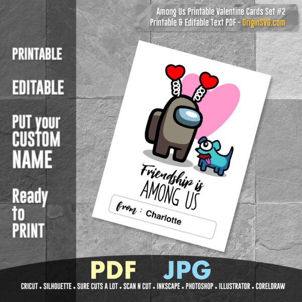 Among Us Kids Valentine Cards Set #2 - Printable Editable Custom Name 6 in 1 - Image 4