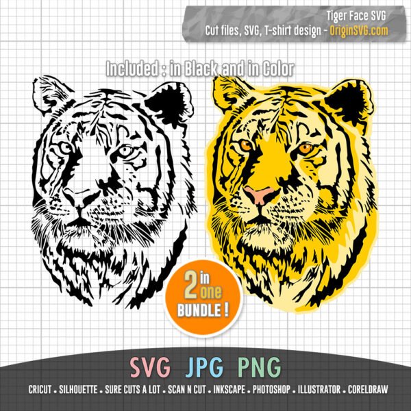 Tiger Face SVG Cut Files in Black and in Color - Image 2