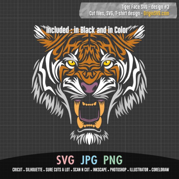 Tiger Face SVG - Design#3 Cut Files in Black and in Color - Image 3