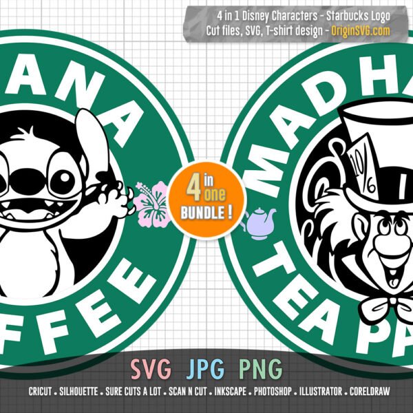 Famous Characters 4 in 1 S-bucks Logo - Mad Hatter Moana Stitch Tinker Bell SVG - Image 3