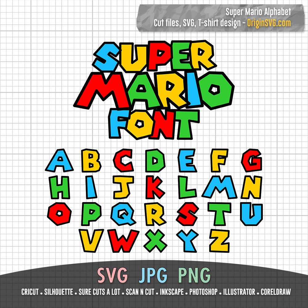 Super Mario Font Svg, Mario Abc Letter Alphabet In 4 Colors - Origin Svg Art