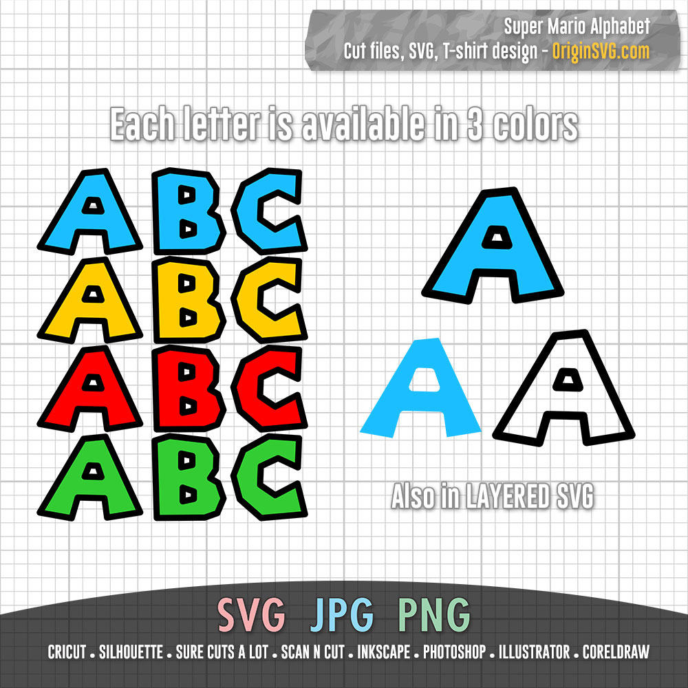 Super Mario Font Svg, Mario Abc Letter Alphabet In 4 Colors - Origin Svg Art
