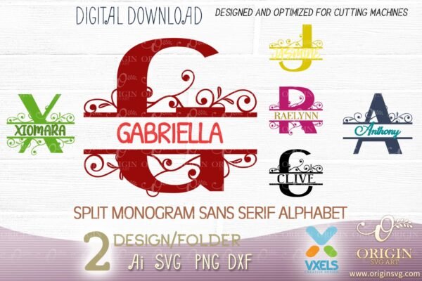 Split Monogram SVG Sans Serif Monogram Alphabet Letter Roman Flourish Frame