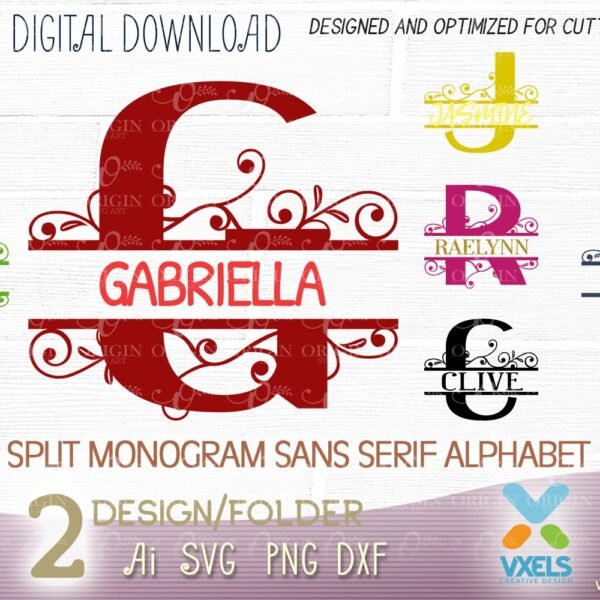 Split Monogram SVG Sans Serif Monogram Alphabet Letter Roman Flourish Frame
