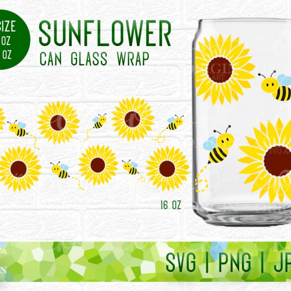 Sunflower Libbey Glass Can 16 Oz and 20 Oz SVG, Glass Can Wrap